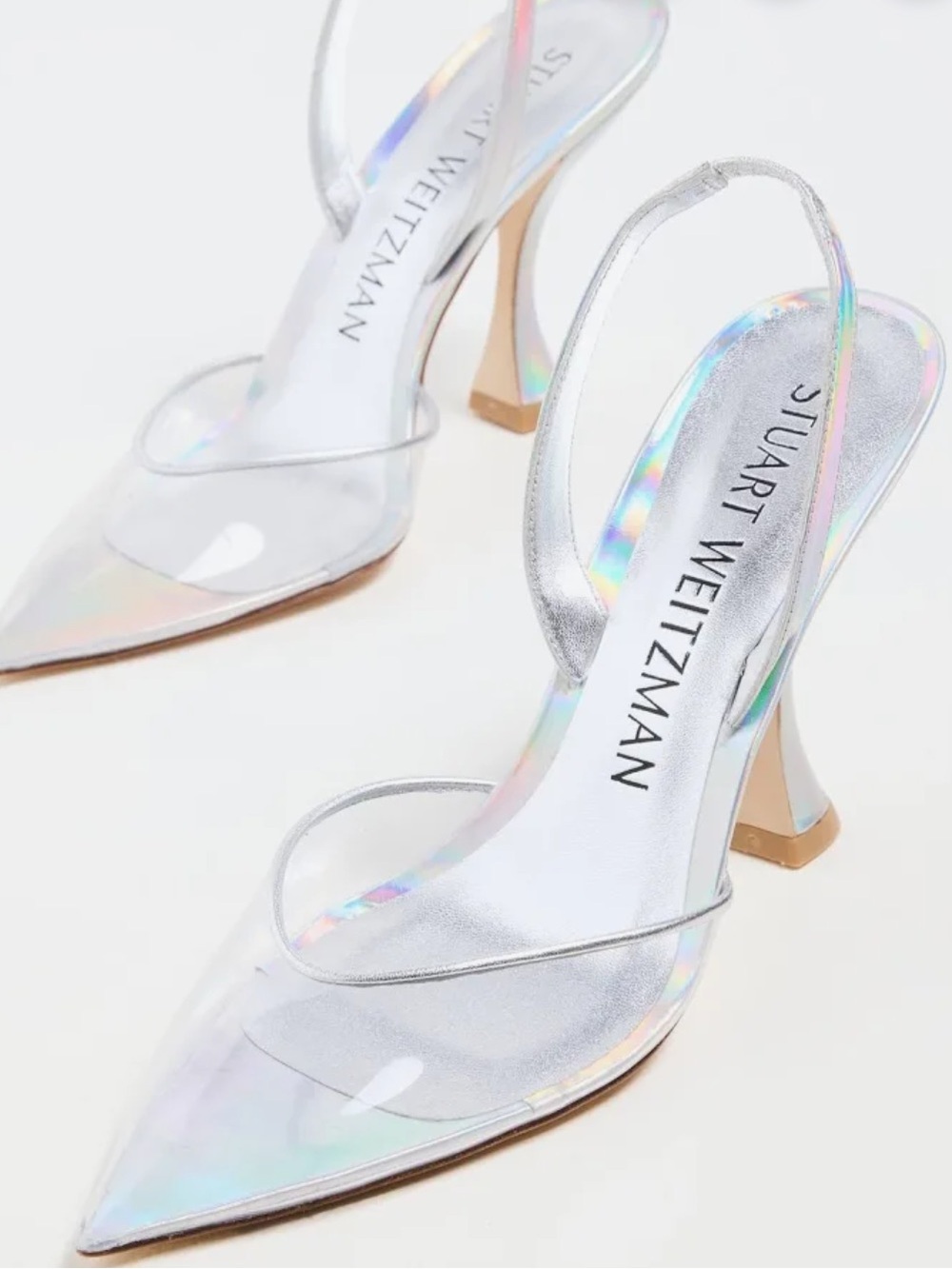 Stuart Weitzman Iridescent Silver curve Pointed-Toe Slingback Heels size 6